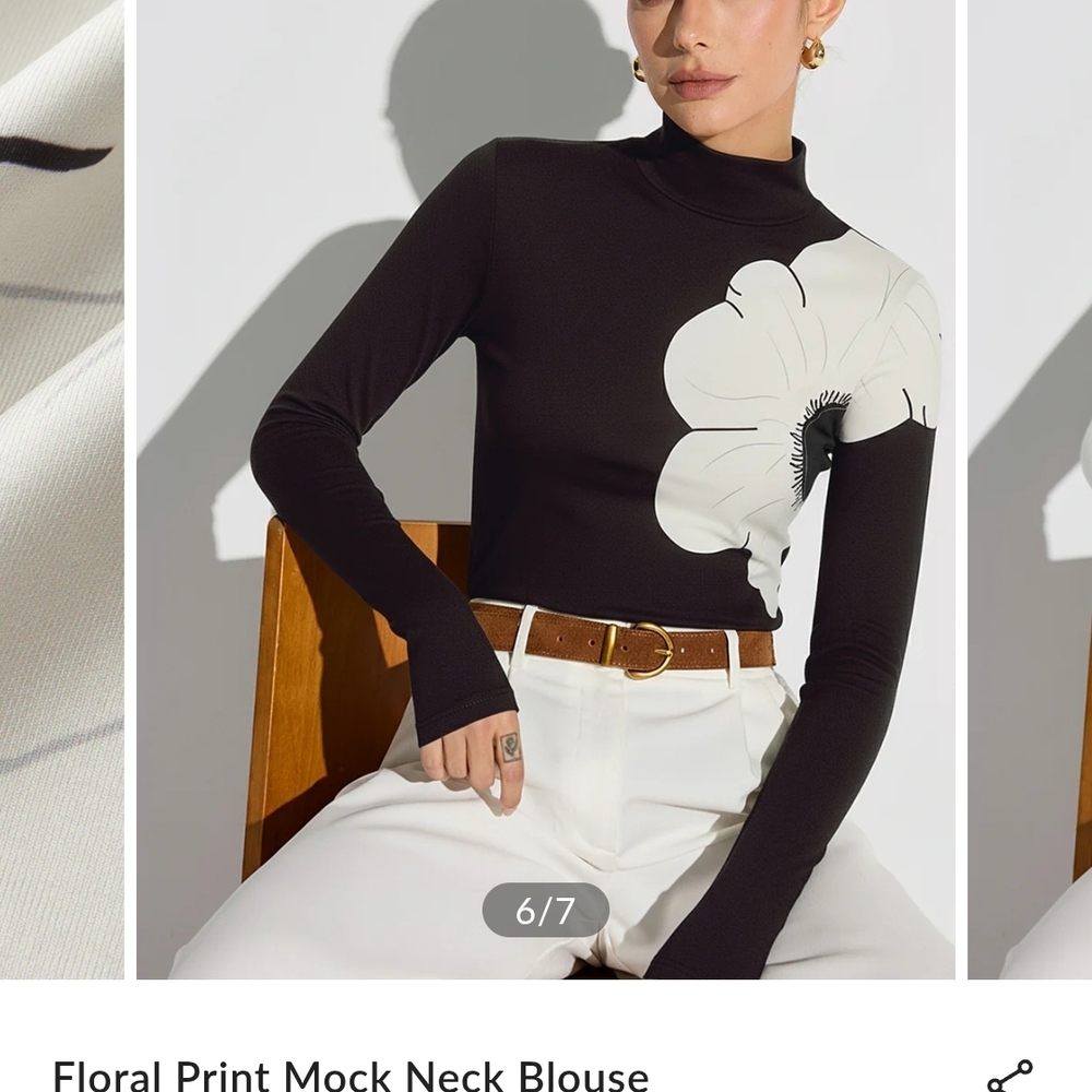 Commense Black and White Floral Mock Neck Blouse